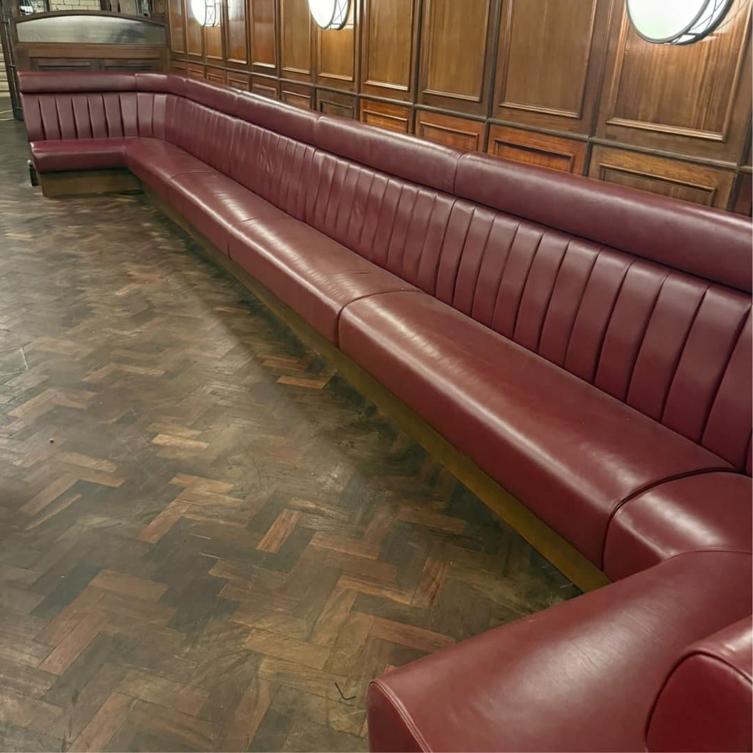 Leather banquette at Hawksmoor Guildhall after refurbishment