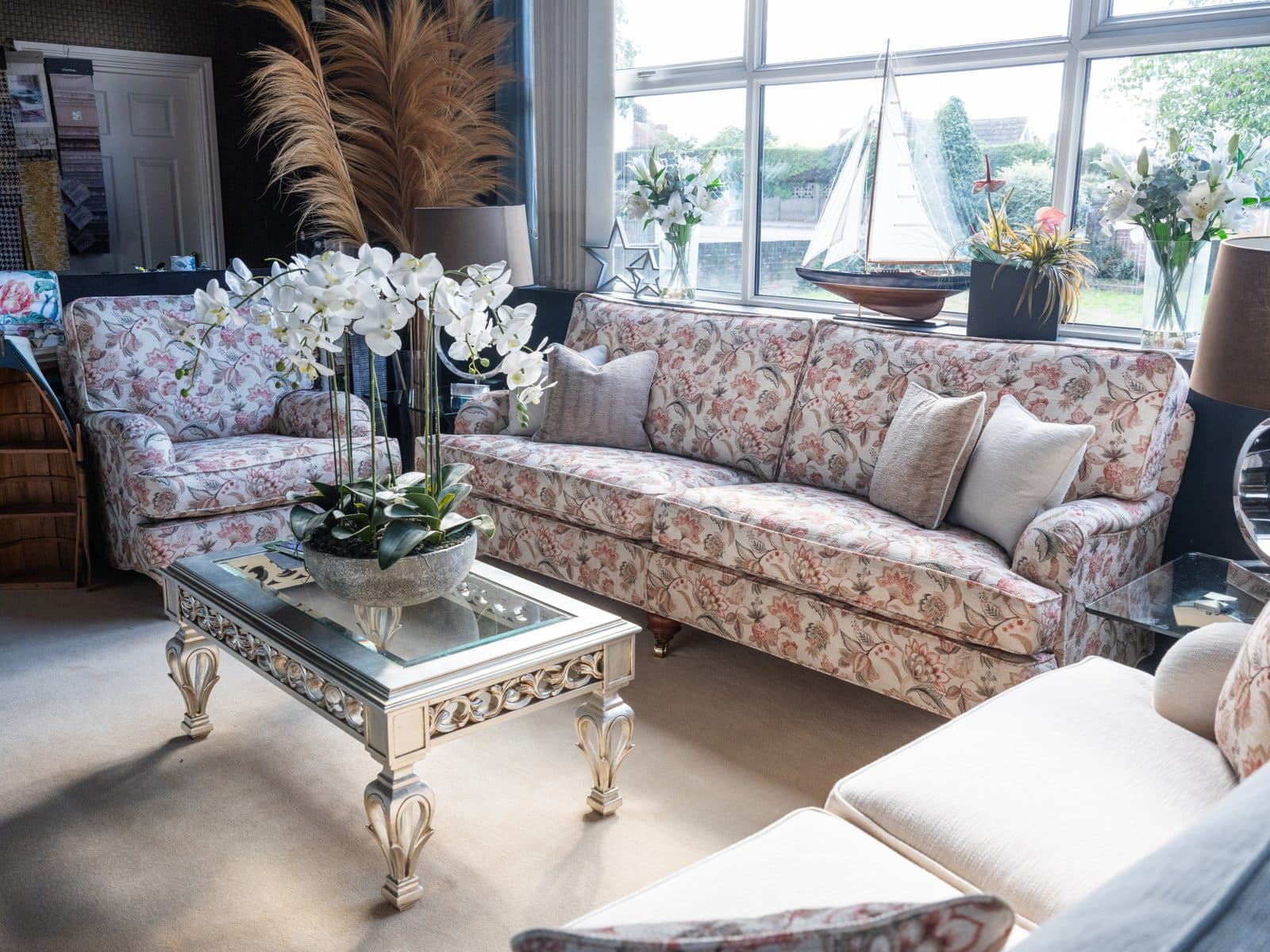 Patterned sofas and chairs in the Gascoigne Designs showroom at Autumn Long Point 2026