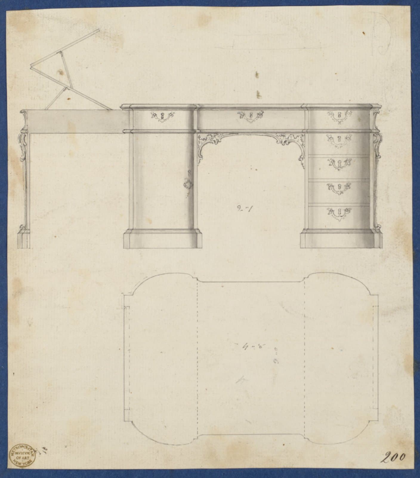Writing table, pen and ink design from Chippendale Drawings, about 1760 to 1770, Thomas Chippendale